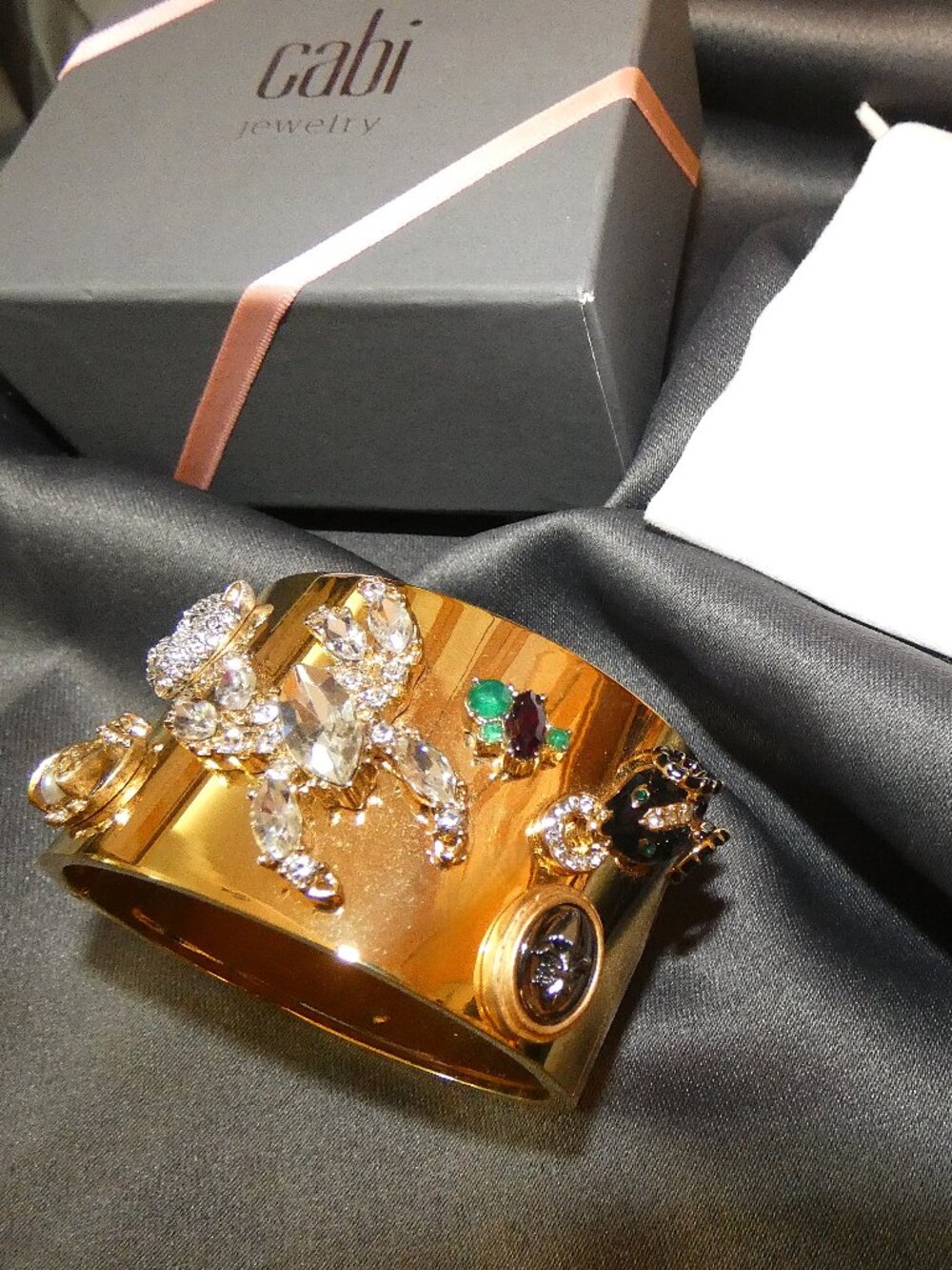 Cabi Secret Garden Cuff Wide Goldtone Rhinestone Bracelet Hinged w Orig Box Bag